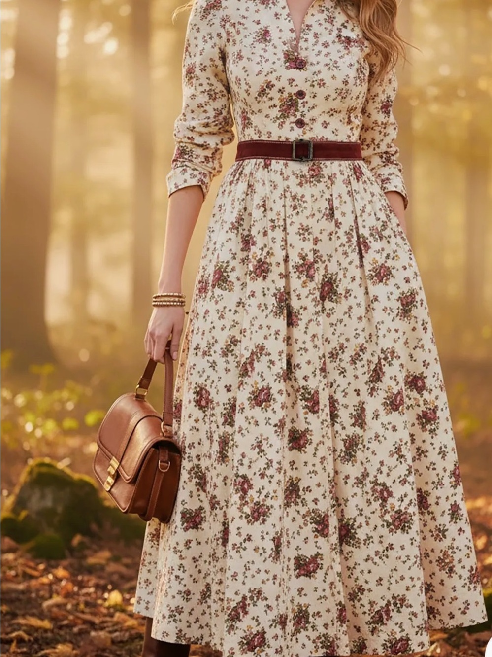 Cream Floral Long-Sleeve Midi Dress with Burgundy Belt
